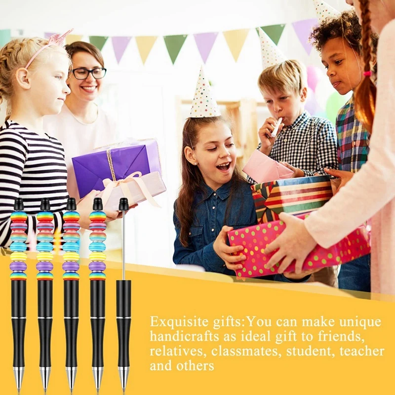 50Pcs Plastic Beadable Pen Shaft Black Ink Beaded Pens With 50 Refills For DIY Making Gift Black