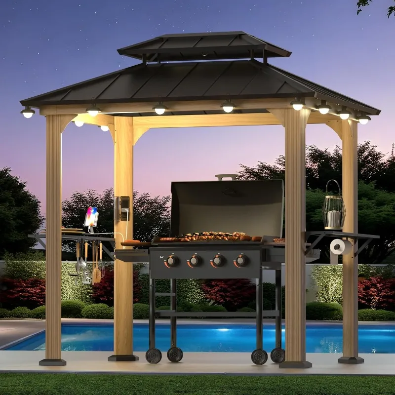 Modern Shade 6' x 8' Grill Gazebo with Aluminum Frame & Galvanized Steel Roof, Outdoor BBQ Gazebo with Side Shelves