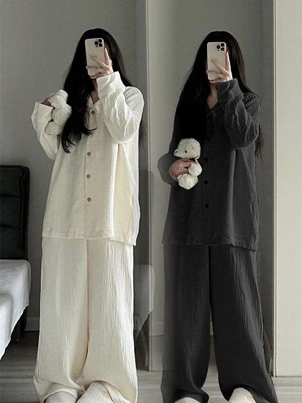 حجم كبير Spwear 2300 Pou الكورية Sle ملابس منزلية غير رسمية مريحة فضفاضة المرأة مجموعة طويلة Sve طوق قطعتين