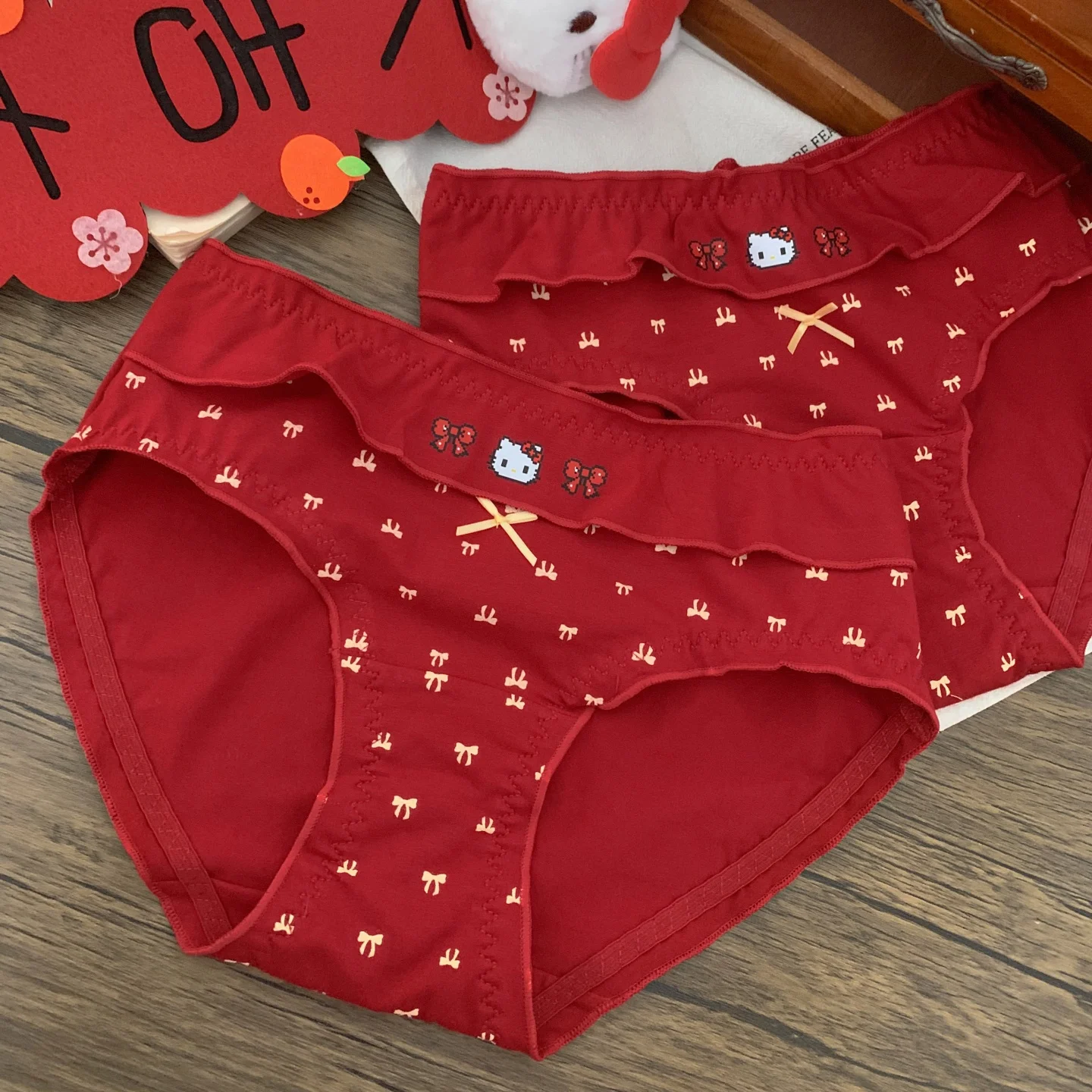 

Kawaii Hello Kitty Red Panties Bow Print Mid Waist Cotton Soft Comfortable Breathable Briefs