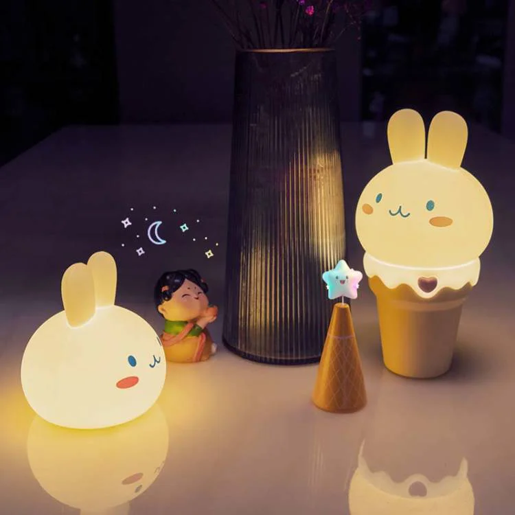 Bedside cartoon night light, silly and cute rabbit ice cream sleep light, multi-color eye protection bedroom light, silicone she