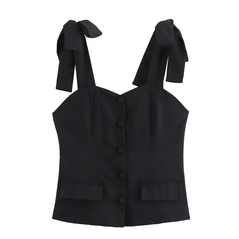 여름 신상품 여성 빈티지 보타이 슬림핏 솔리드 컬러 스퀘어넥 슬리브리스 탑