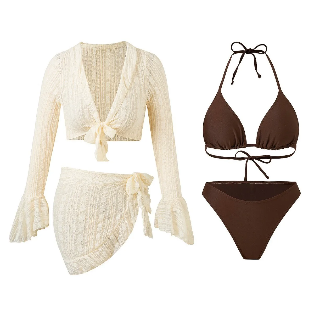 

Women's 2026 Bikini Beachwear Halter Top Bikinis Wrap Skirt Swimsuit Beige Lace Bathing Suit