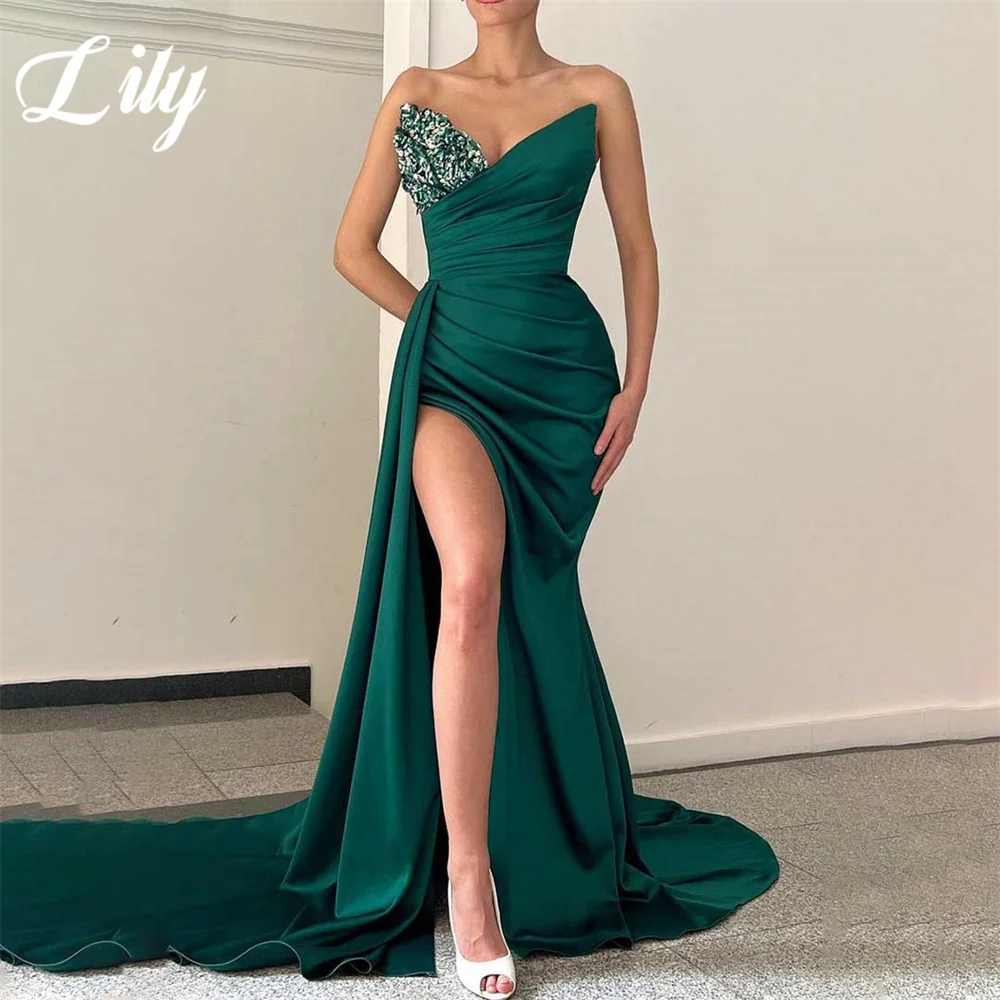 

Lily Green Mermaid Sexy Prom Dress Pleat Stain Sequins Celebrity Dress with High Side Split Sleeveless V-Neck Formal Gown 프롬 드레스