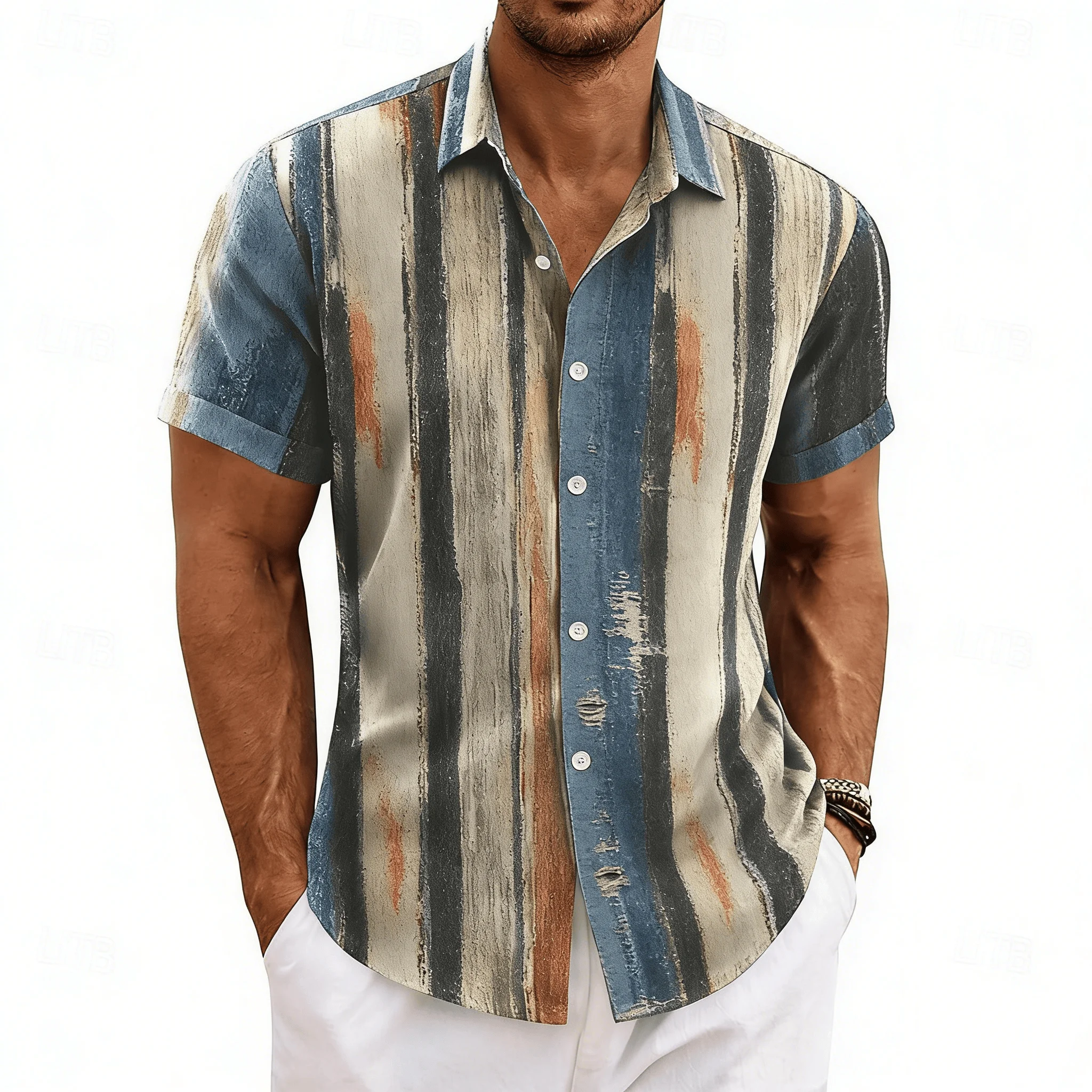 

Men's Vintage Vertical Stripe Print Color Block Short Sleeve Shirt, Spring Summer Retro Casual Top, Pocket Lapel Style