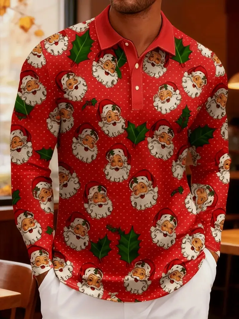 

Christmas Santa Claus 3D printed men's polo shirt fashion autumn long sleeved shirt breathable holiday party Casual men clothing