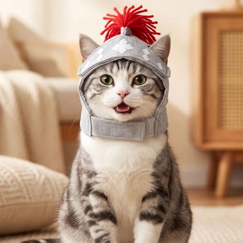 Cats Costume Helmet Hat with a Positionable Under-Head Bands, Gray Soft-Form Fabric and Red Tassels for Brief Photo Time B03E