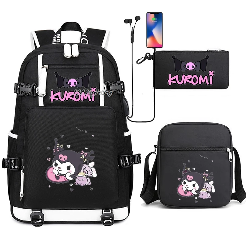 Black Kuromi Backpacks USB Girl School Bag Teenage College Style Students Women SchoolBag High Student Bag Laptop Canvas Mochila