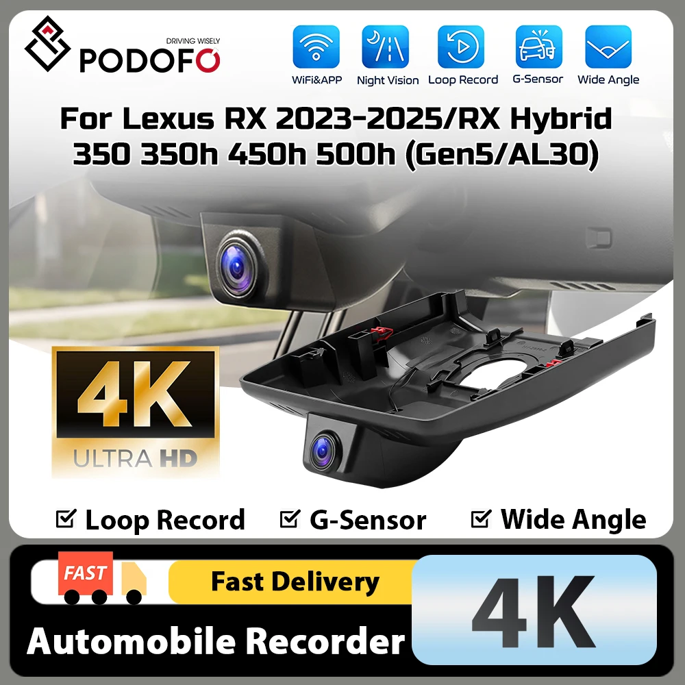 Cámara para Auto Podofo 4K con WiFi y APP Integrados, Grabación en Bucle, Sensor G, Grabadora DVR para Auto, Compatible con Lexus RX 2023-2025 y RX Hybrid 350 350H 450h 500H (Gen5/AL30)