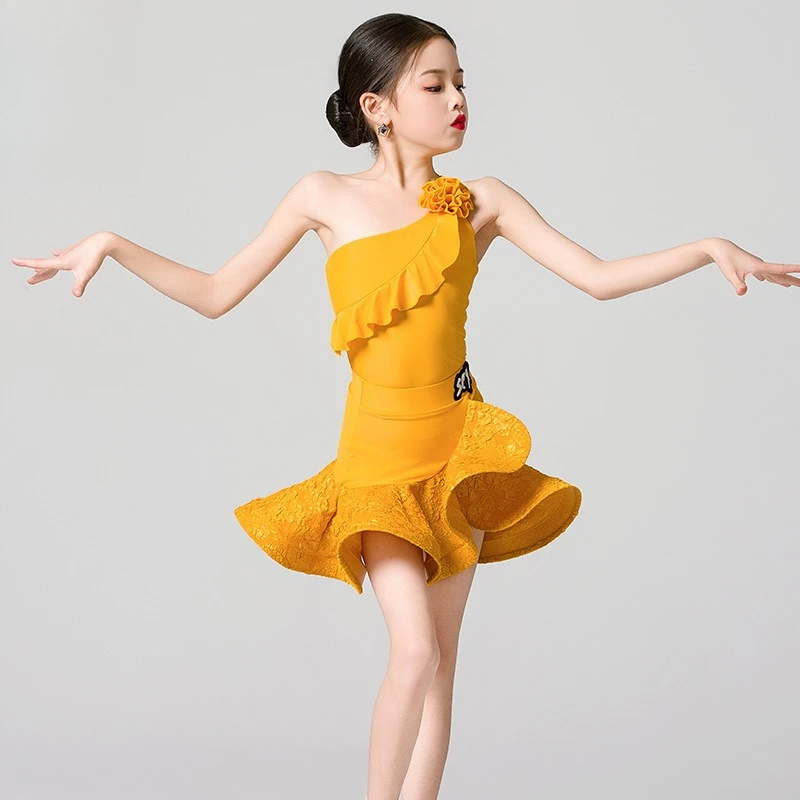 Children's Latin dance clothes Girls' practice Art test performance Dance Embroidered slanted shoulder