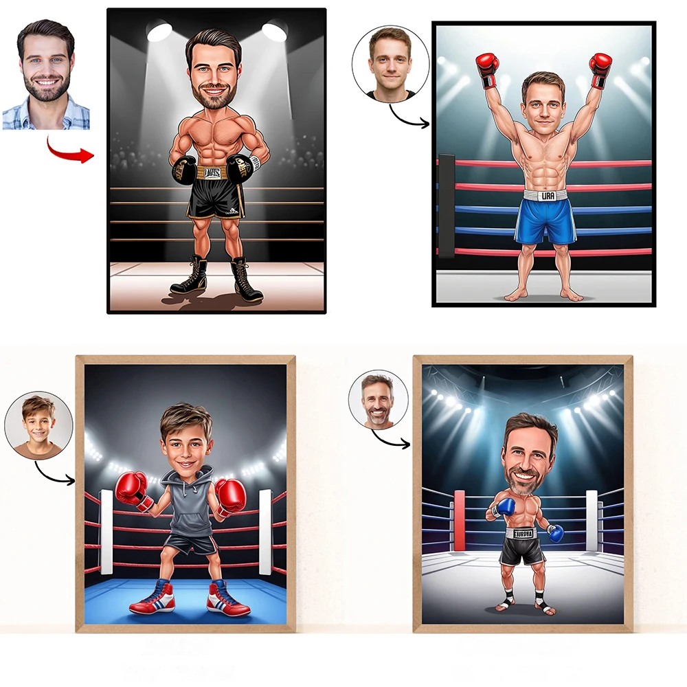 

Custom Boxer Cartoon Portrait Poster Boxer Caricature Prints Gift Male Boxing Cartoon Canvas Painting Funny Personalized Decor