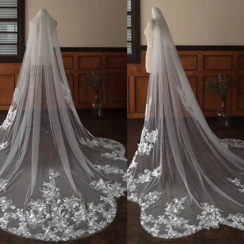 

Длинная свадебная фата с цветочным кружевом по индивидуальному заказу, модная аппликация, 3-метровая однослойная фата, свадебное болеро, аксессуары для невесты с расческой