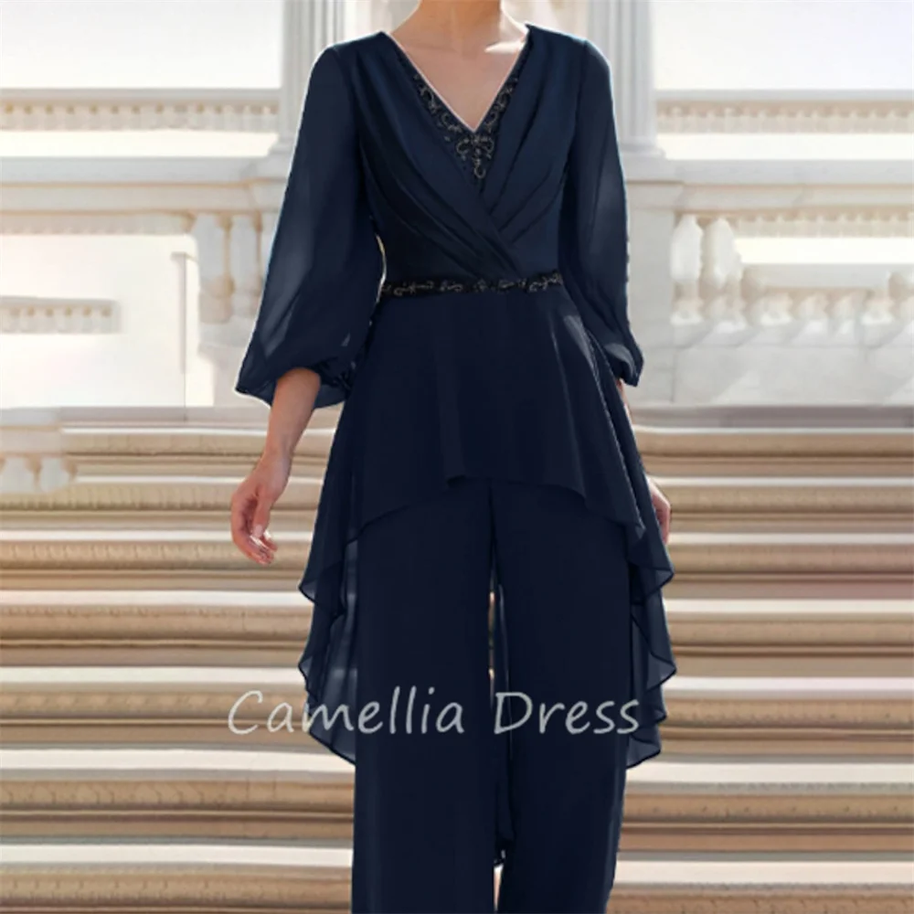 Elegant V Neck Mother Of The Bride Dress Two Pieces Jumpsuit Ruffles Chiffon Formal Dresses Vestidos Mae Da Noiva Casamentos