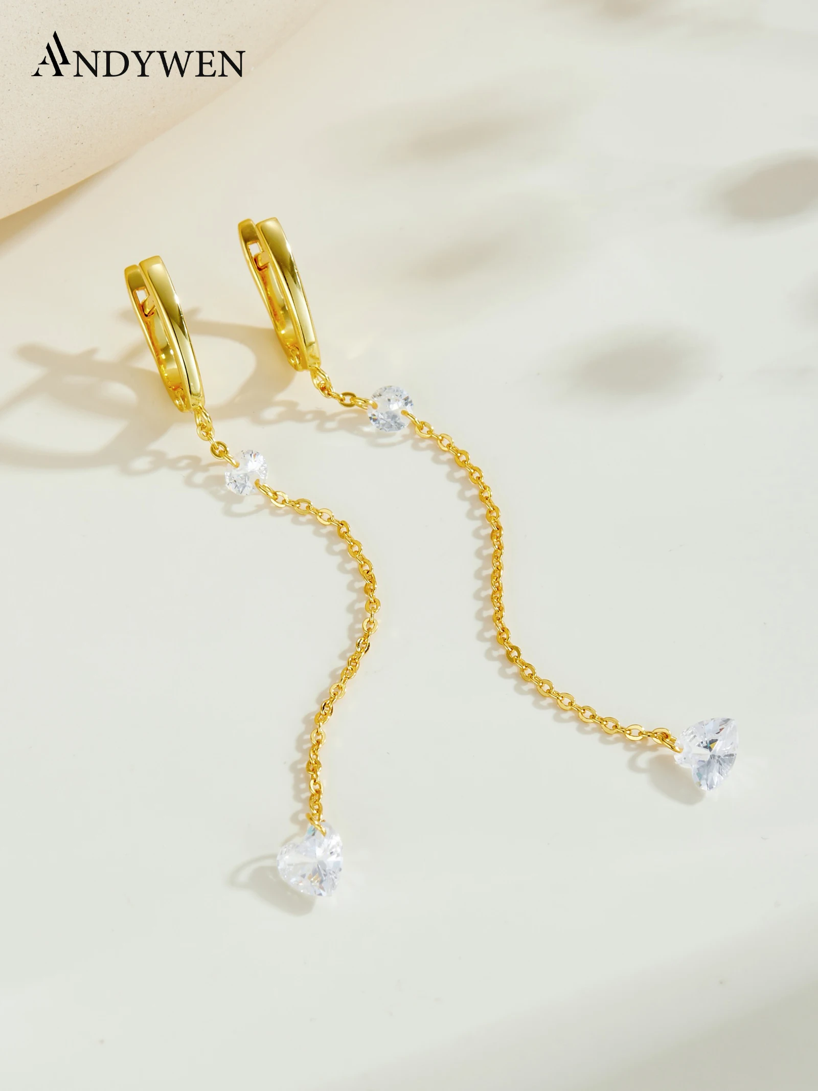 

ANDYWEN 925 Silver Long Chain Ear Cuff, Heart CZ Drop with Round Accent, Romantic Jewelry Gift Box for Women, Daily Wear