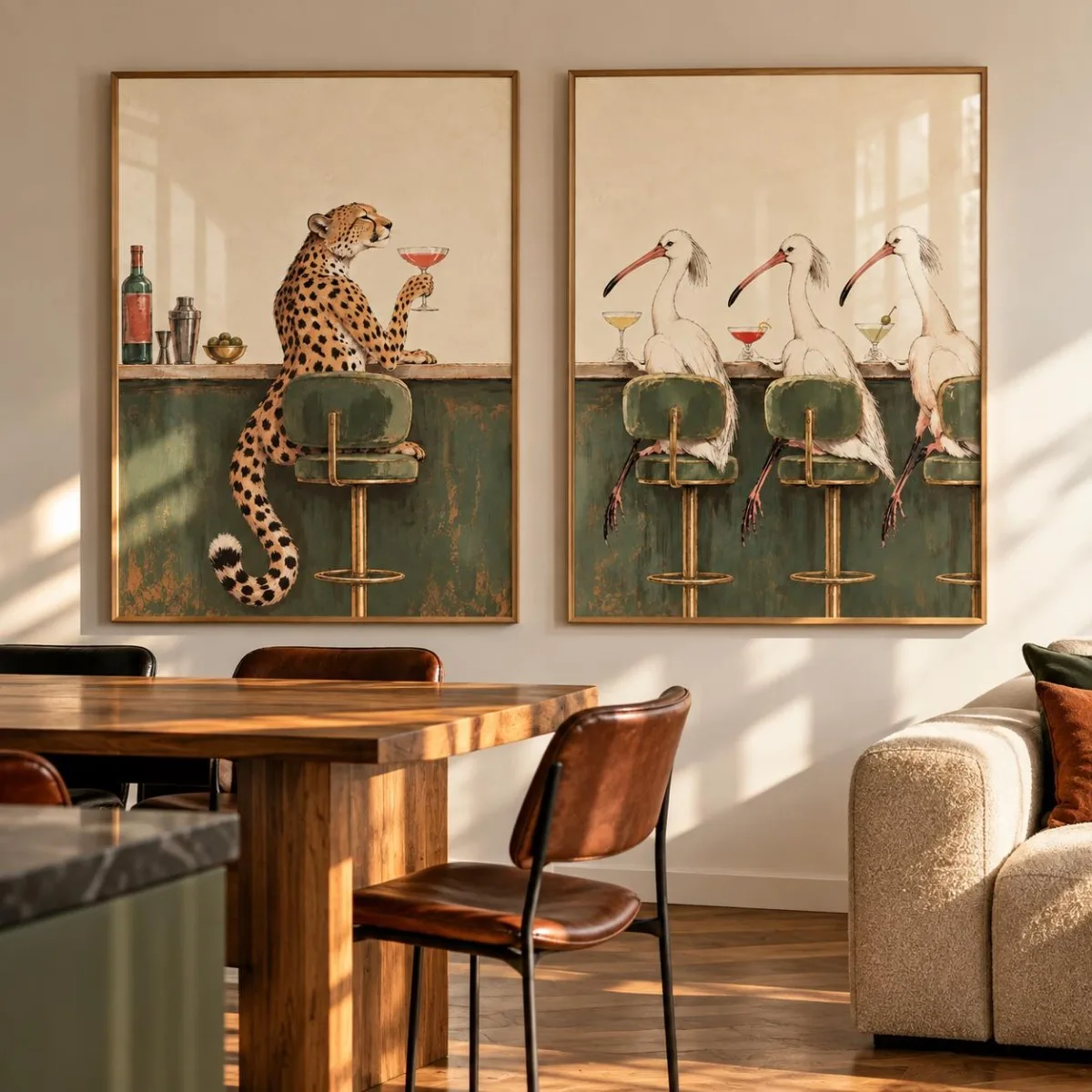 2pcs Whimsical Bar Animals Canvas Prints Poster Funny Vintage Wildlife Cheetah Ibis Birds Cocktail Art Prints Kitchen Home Decor