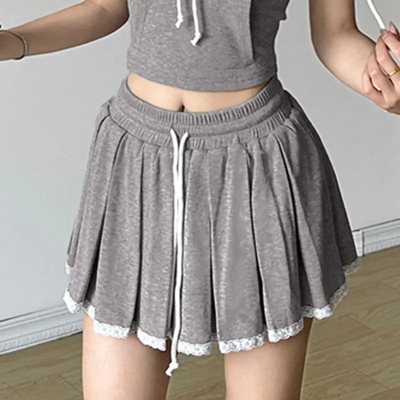 Mini Skirt Pleated Lace Patchwork Lace UpLow Waist Y2K Sexy Summer New Elastic Waist Short Skirt High Street Party Skirt