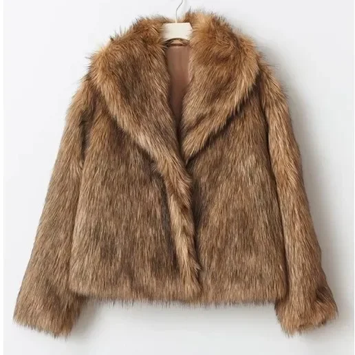 

2026 Fashion Long Sleeve Loose Jacket Winter Women Faxu Fur Coat Casual Outerwear Chic V-neck Long Sleeve Daily Street Warm Coat