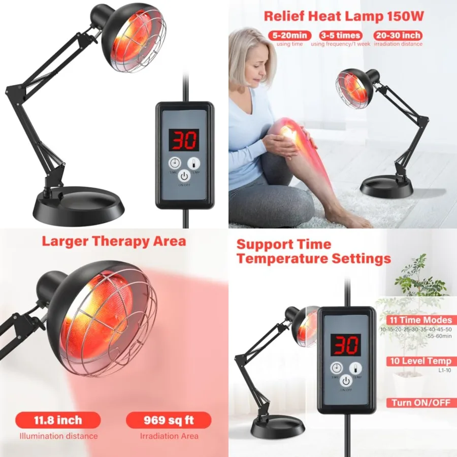 

Infrared Light Heat Lamp, Near Red Light Therapy for Body Muscle Joint Pain Relieve 150W Bulb with Adjustable Stand, Timer