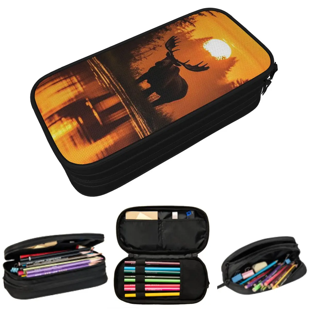 

Пенал с изображением лося на закате и сосны для мальчиков и девочек, школьный пенал, сумка для карандашей, канцелярские принадлежности, сумка-держатель для ручек