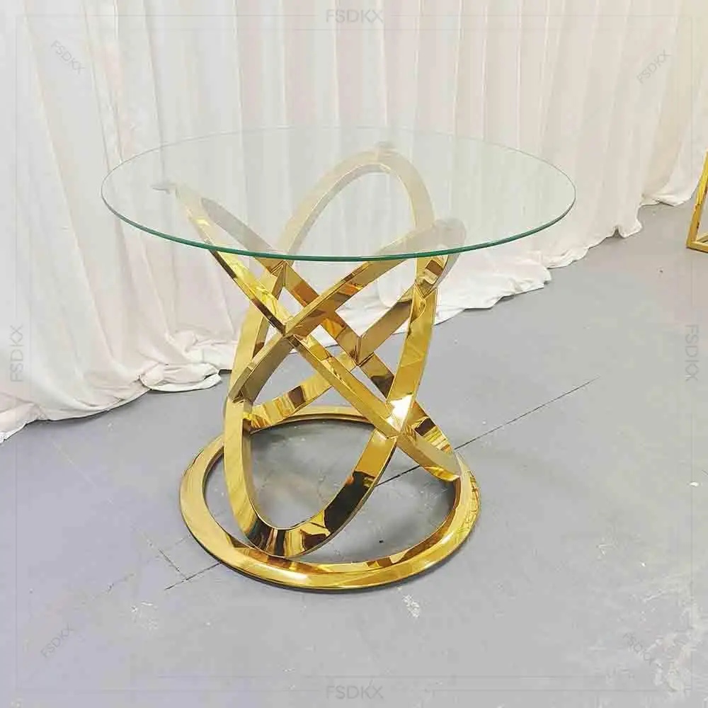 

FSDKX Wedding Stage Decoration Glass Gold Cake Table Stainless Steel Round Wedding Dessert Table for Party