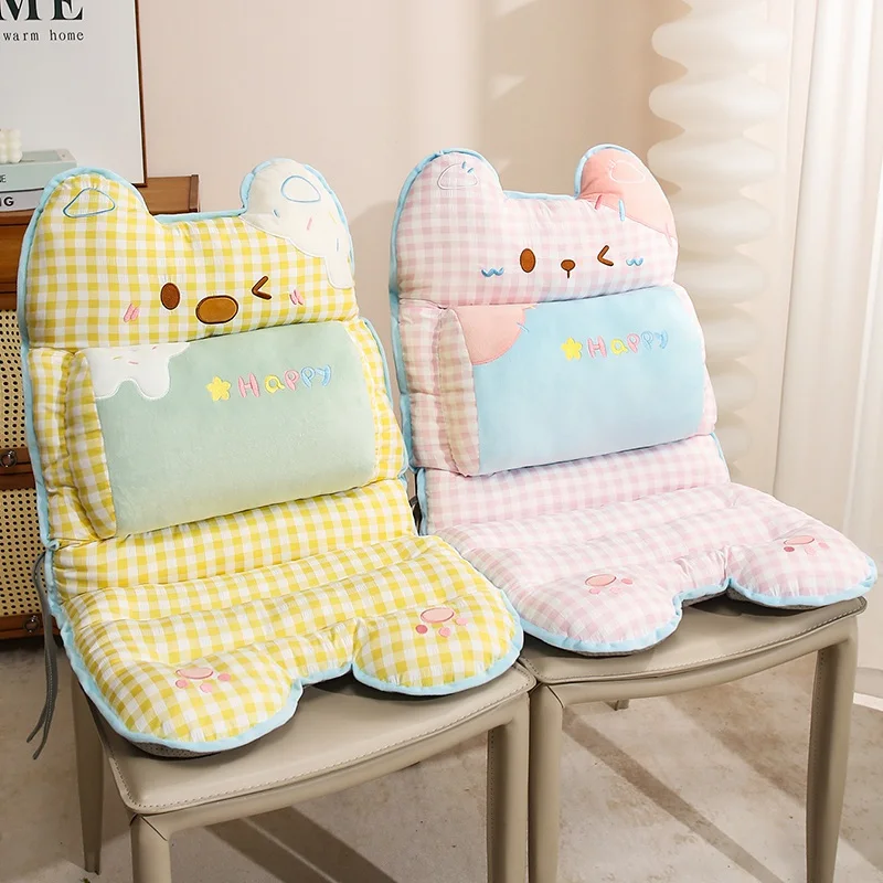 Plush Seat Cushion Yellow Pink Gingham Cat Ear Designs Soft Lumbar Back Support for Sofa Reading Relaxation Home Decor