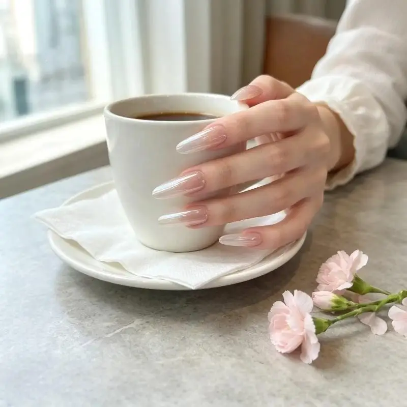 1Set Handmade Nude Cat Eye Nails Simple Long Short Style Spring Summer Removable Nail Tips 3 Sizes