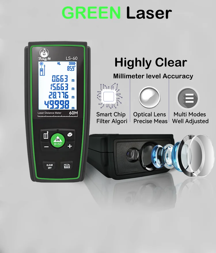 60 m Battery Laser Distance Meter Compact Industrial IP54 Waterproof Rangefinder with 7X Zoom 3A for Interior Use