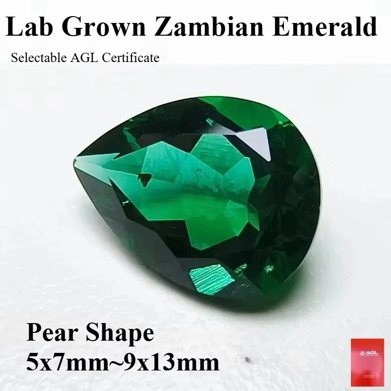 Lab Grown Zambian Hydrothermal Emerald Pear Shape Hand Cut Loose Gemstone for Ring Pendant Jewelry Making Certificate Selectable