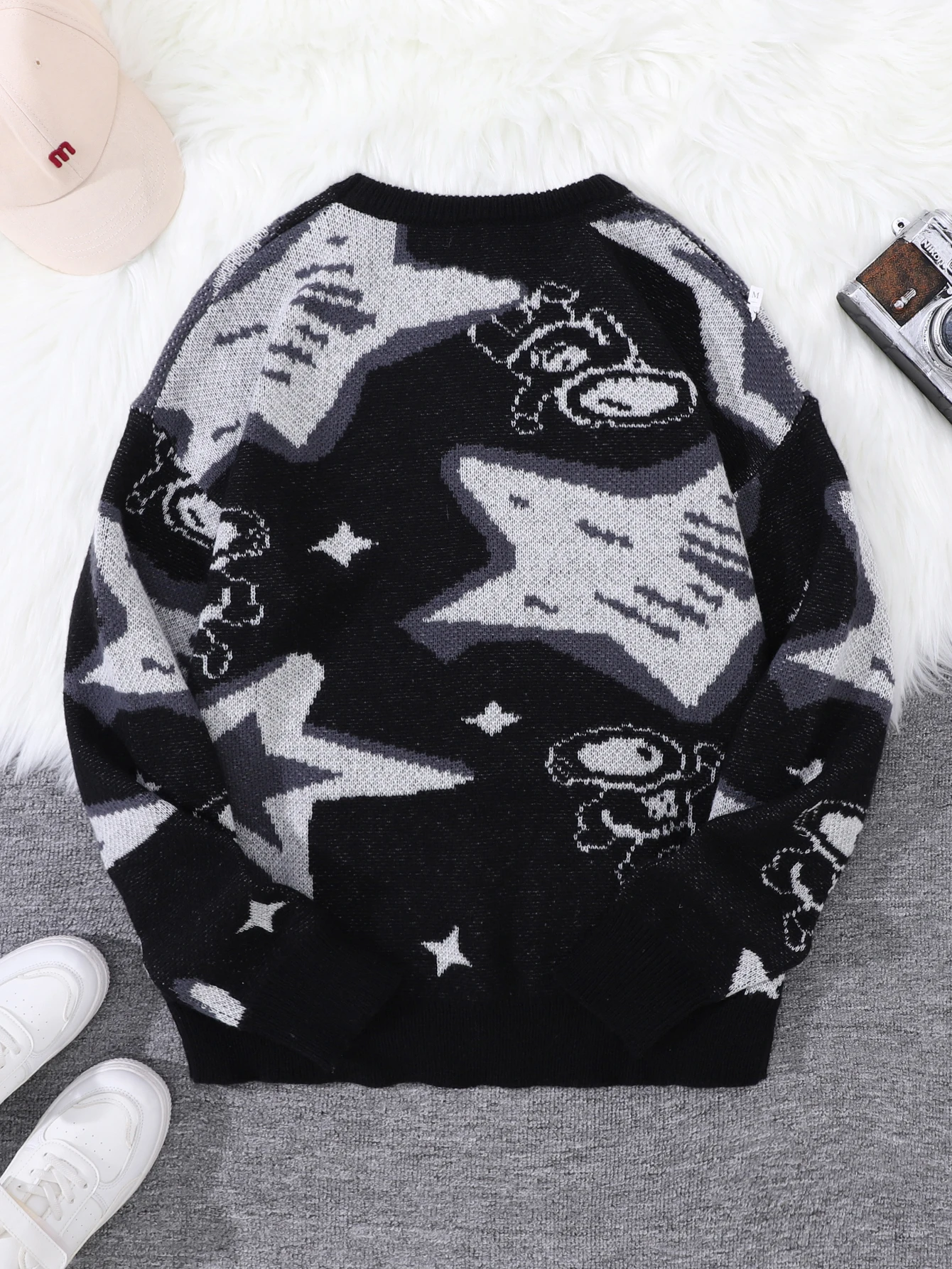 New Popular Spring & Fall Astronaut Star-Picking Jacquard Pattern Pullover Sweater Casual Round Neck Contrast Color Knitted Men\'