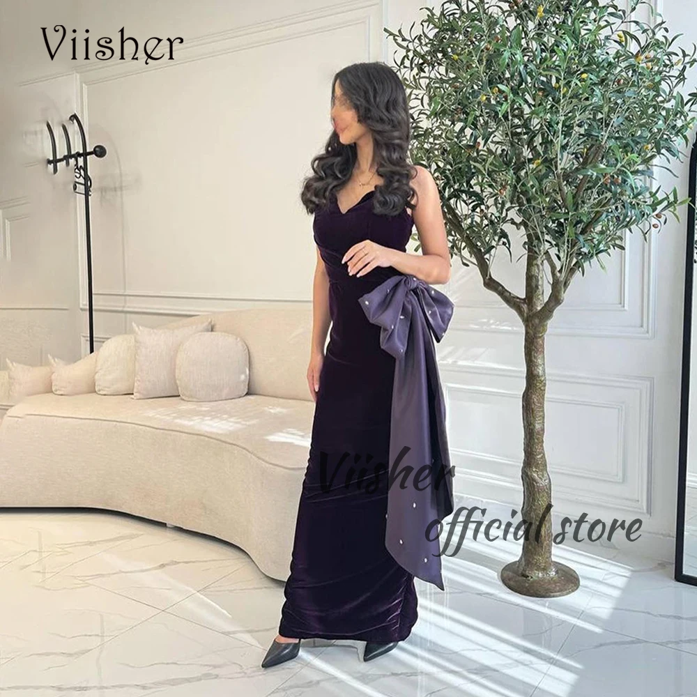 

Plum Velvet Mermaid Evening Dresses with Train Sweetheart Arabian Dubai Formal Occasion Dress Ankle Length Party Prom Gowns