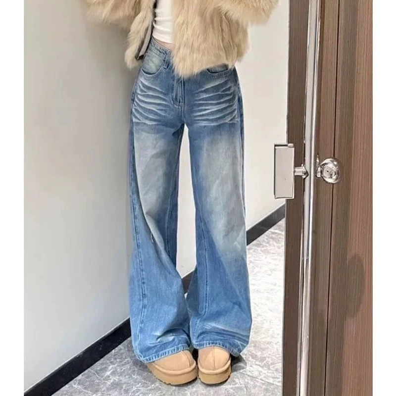 

Женские шикарные дизайнерские джинсы свободного кроя с высокой талией, тонкие прямые брюки, хит продаж, повседневные однотонные джинсовые брюки для девушек