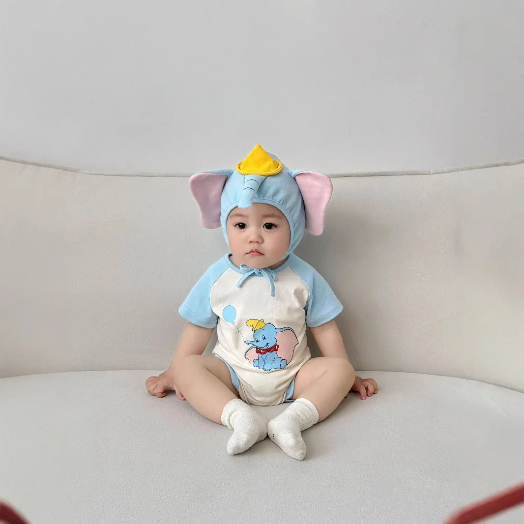 Onesie Bayi Gambar Gajah 3D dengan Set Topi Baju Monyet Lengan Pendek Pakaian Bodysuit Bayi Baru Lahir Pakaian Musim Panas Kostum Hewan Lucu