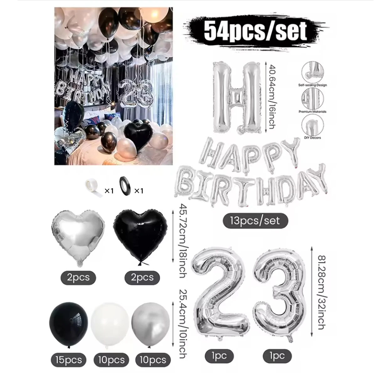 30/54 Stück Schwarz-Weiß-Ballons, Silberne Banner-Ballons, geeignet für Geburtstagsdekoration und Feiertagsdekoration – Detail 9