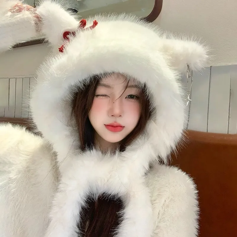 Women's Winter Fox Fairy Bow Hat - Plush Velvet with Detachable Scarf for Ultra Warmth & Sweet Style in Cold Climates