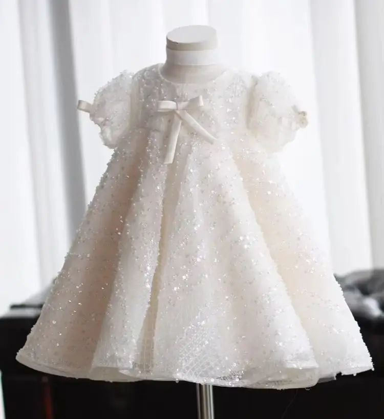 High-end Luxury Girls' 1st Birthday Party Dresses Shiny Sequins Girl White Dress Special Occasions 1-12 Year
