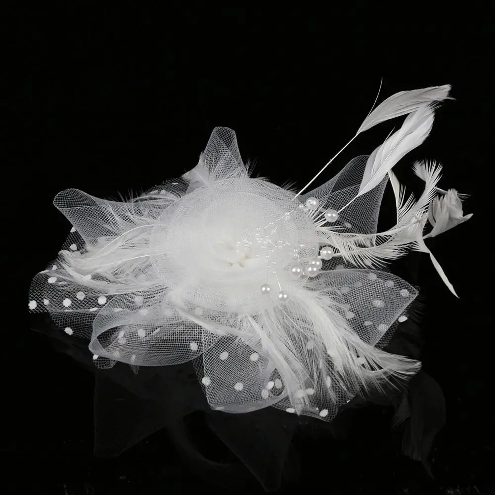 Fascinator Hat Imitation Pearls Decor Sweet Vintage Headgear with Headband Faux Feather Flower Mesh Shape Party Headgear