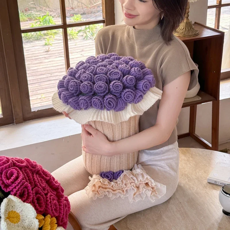 Finished Crocheted Rose Flower Bouquet Blanket Handmade Knitted Flower Bouquet Blankets Home Decor Bed Sofa Throw Blanket Gift