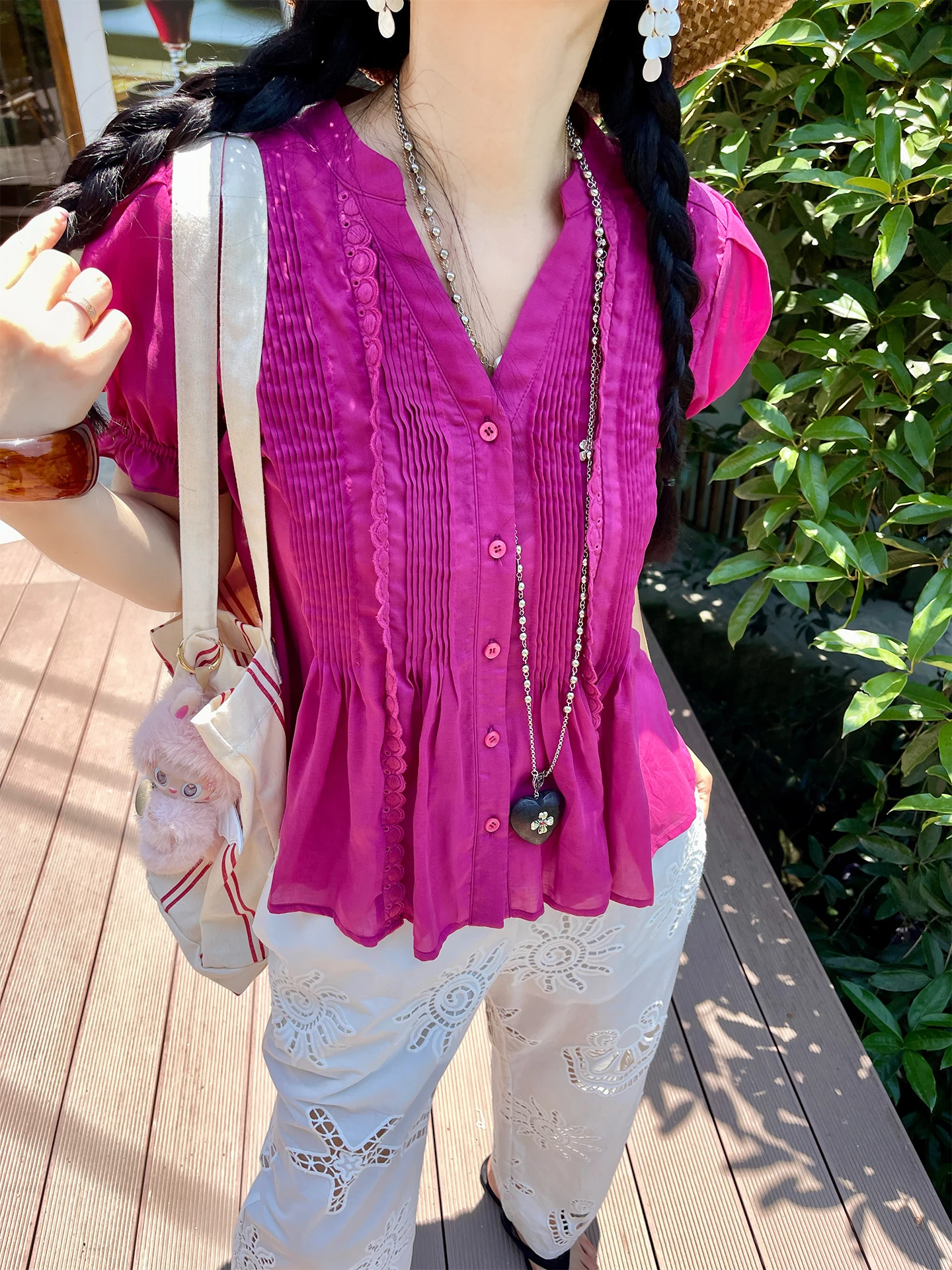 

Женская шелковая блузка Heidy Gauzy с V-образным вырезом, свободного кроя, с короткими рукавами-фонариками, однотонная, летняя, повседневная, для похудения