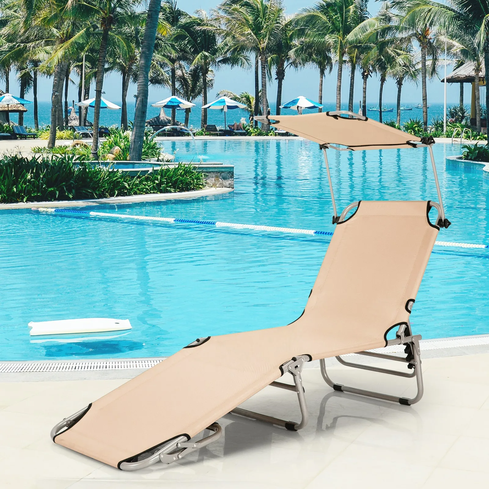 

Foldable Lounge Chair Adjustable Outdoor Beach Patio Pool Recliner Beige W/ Sun