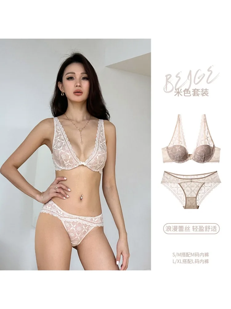 YUQI 2025, sexy Dessous-Set für Damen, tiefer V-Ausschnitt, Spitzen-BH, Bralette, Anti-Durchhängen, bequemer Stützbralet und Höschen-BH-Set