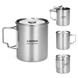 Lixada 750ml Cup Outdoor Stainless Steel Water Cup Mug with Foldable Handles and Lid for Camping Hiking Backpacking