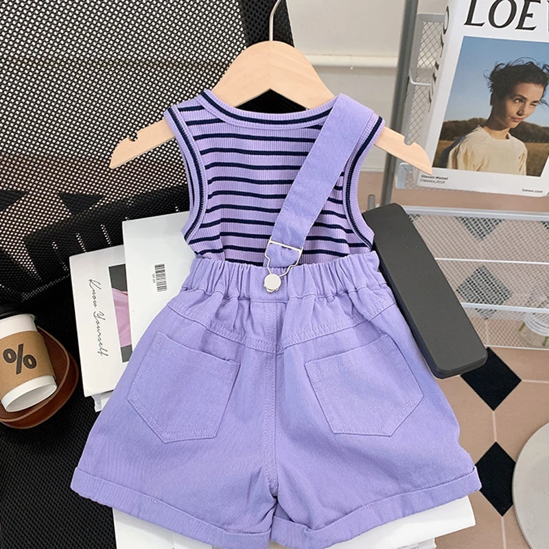 Girls\' Clothing Sets 2023 Summer New Children\'s Fashionable Baby Girl Stripe Sleeveless Tank Top+ Strap Pants Two Piece Set