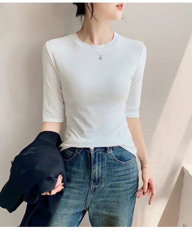 2026 Basic Einfarbiges Kurzarm-T-Shirt mit Rundhalsausschnitt, Eng Anliegend, Sommerliches Casual-Oberteil für Damen, Y2K Vintage Top, Harajuku Streetwear – Detail 7