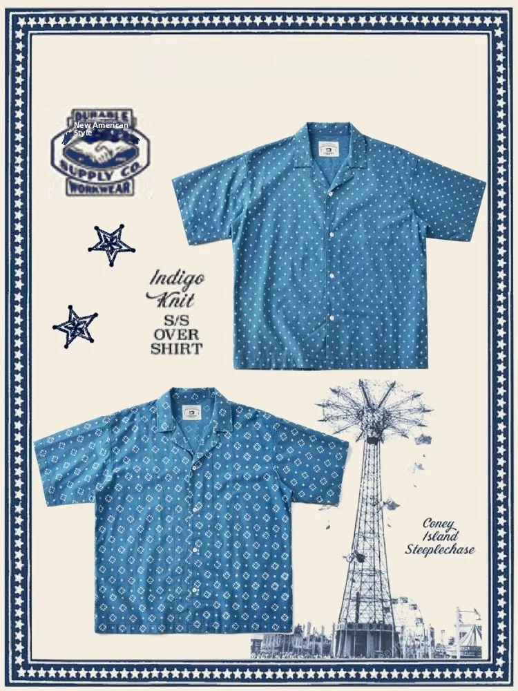 

Summer Limited Blue Dye Handmade Plant Print Pure Cotton Cuban Collar ort Sve irt Vintage Plum Blossom Four-star Pattern