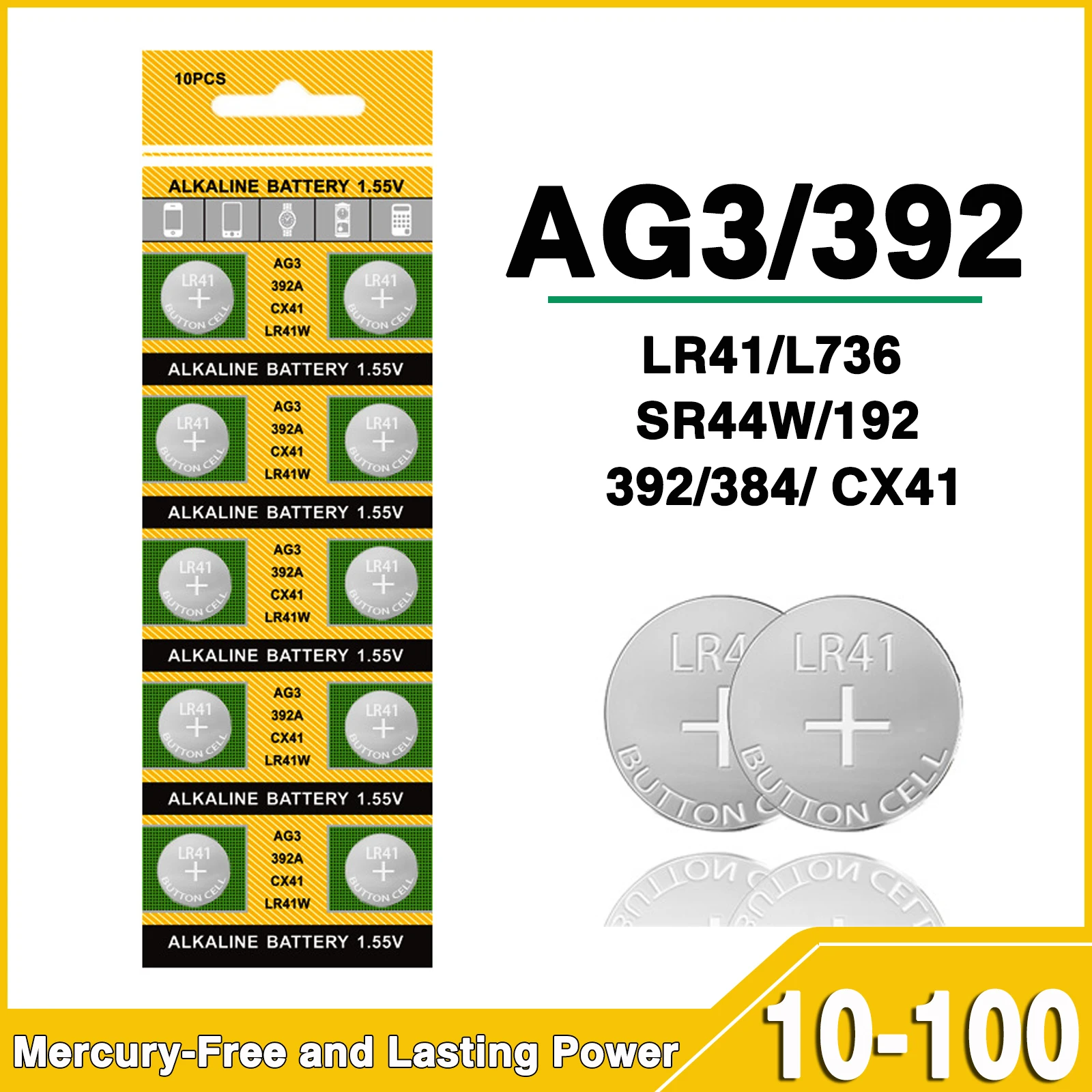 10-100PCS Cell Coin Alkaline Battery AG3 1.55V Button Batteries SR41 L736 384 SR41SW CX41 LR41 392 Lamp Toy Candle Light Watch