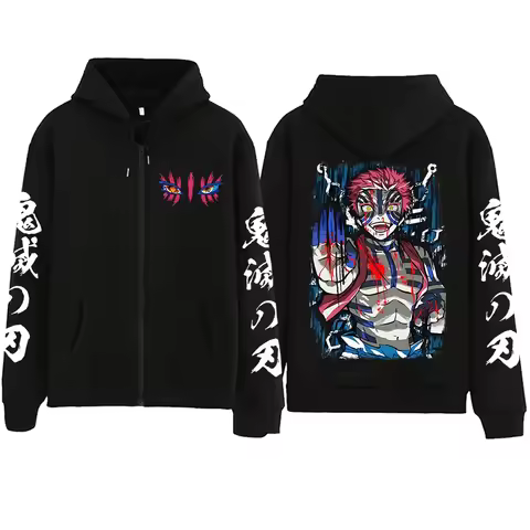 New Anime Demon Slayer Infinity Castle Akaza Printed Zipper Hoodie Harajuku Manga Oversized Pullover Hoodies Zip Up Hoodie Top