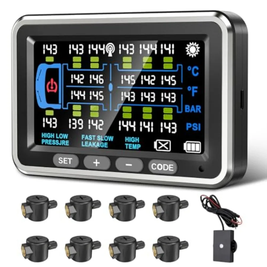 

Trailer Tire Pressure Monitoring System 8 Sensors 4.5" RV TPMS with Flow Through Sensor 6 Alerts Modes Monitor for Semi Truck/C