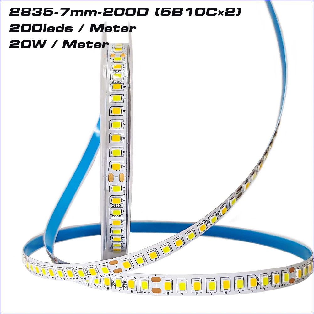 

(2 solder joints) 5 meters 2835-7mm-5B10CX2 2835 LED strip constant current LED ribbon 20W 3000K+20W 6500K/M 3colors light belt