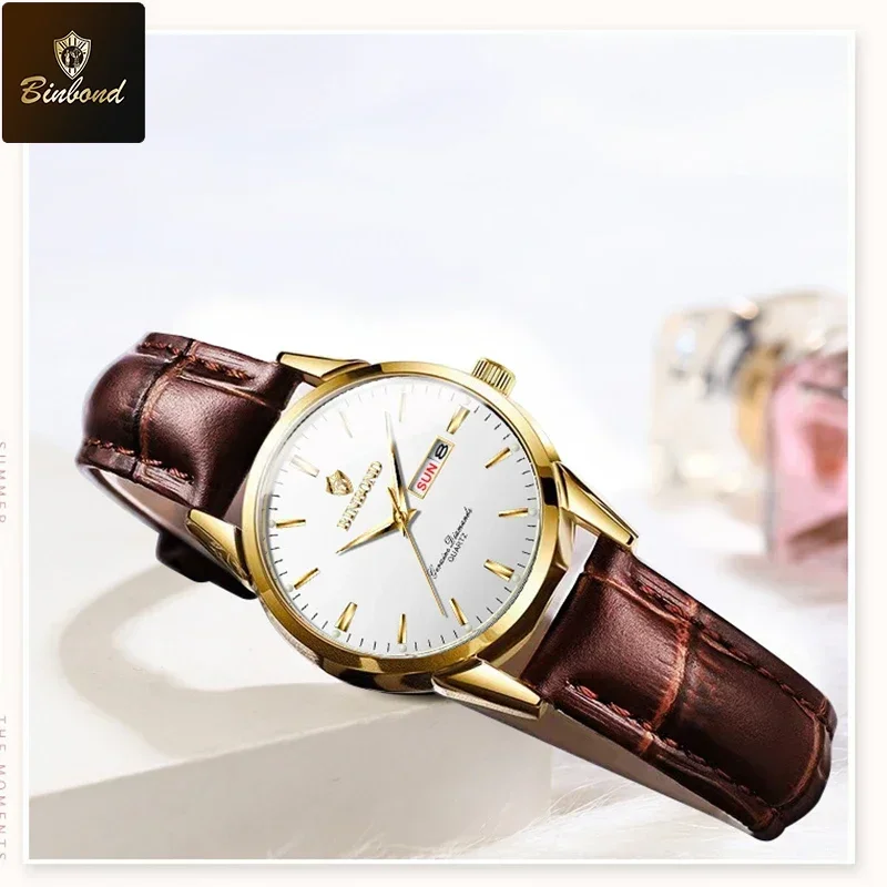 BINBOND женские часы, оригинальные модные брендовые кварцевые наручные часы, водостойкий светящийся кожаный ремешок, женские часы с двойным календарем