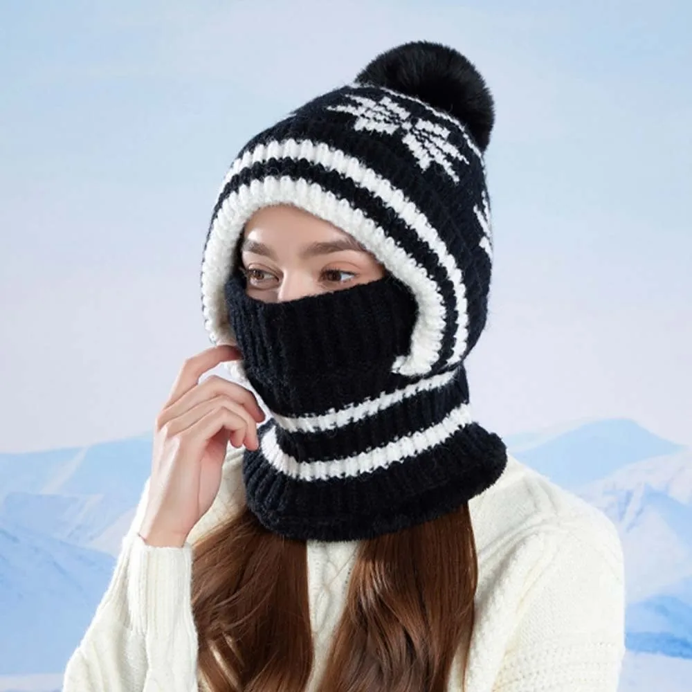 Fleece-gefütterte Strick-Balaclava-Mütze mit Schneeflocken-Jacquard, dick, warm, integrierter Schal, weiche, vollständig bedeckende Winter-Beanie-Maske – Detail 6